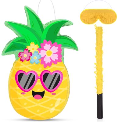 Threan Small Pineapple Piata Summer Fruit Piata with Blindfold Bat for Hawaiian Tropical Luau Party Supplies Pineapple Themed Birthday Decorations, 16.5 x 11.2 x 3.1 Inch