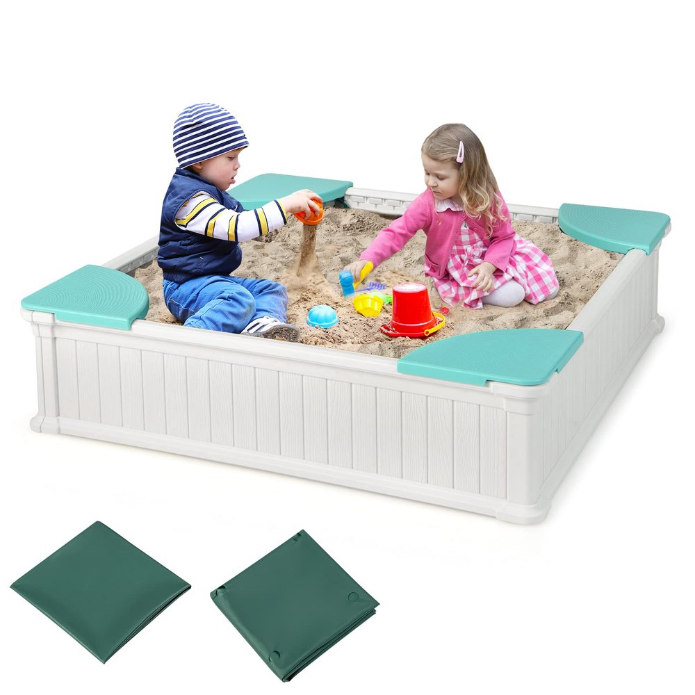 Costzon Kids Sandbox with Cover, 4ft x 4ft HDPE Sandpit with Oxford Cover, Bottom Liner, 4 Corner Seats, Weather Resistant Outdoor Sand Pit for Backyard Lawn Garden Beach (White)