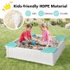 Costzon Kids Sandbox with Cover, 4ft x 4ft HDPE Sandpit with Oxford Cover, Bottom Liner, 4 Corner Seats, Weather Resistant Outdoor Sand Pit for Backyard Lawn Garden Beach (White) view 2