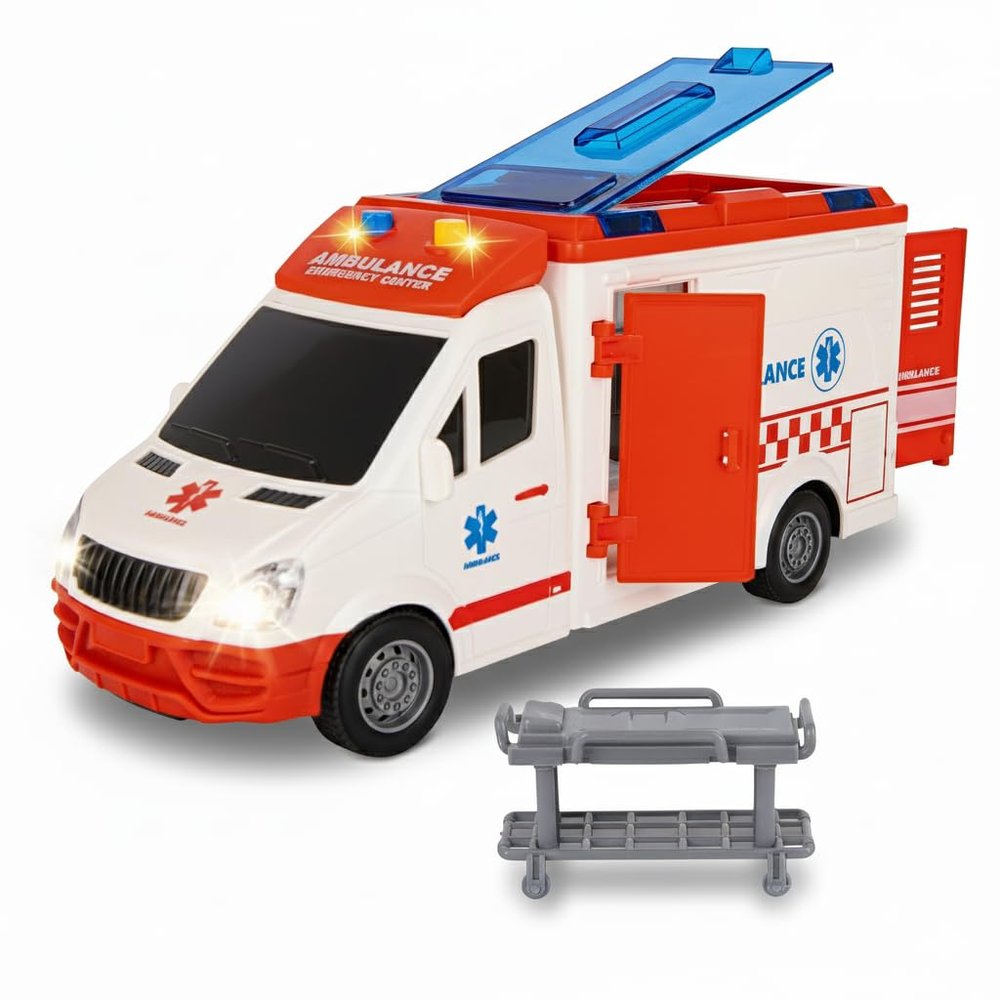 ArtCreativity Ambulance Toy Truck for Kids, Lights & Siren, Friction-Powered 1/16 Scale Rescue Toy Ambulance, Emergency Vehicle Ambulance Toys for Kids 3-8 with Removable Stretcher, Doors Open