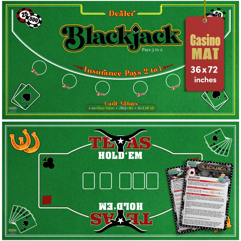Gamie Double Sided Felt Casino Mat, 36 x 72 for Blackjack & Texas Holdem Poker, 2-in-1 Texas Holdem Poker Mat & Blackjack Mat, Professional Grade Poker Tabletop Mat with Instructions Booklet