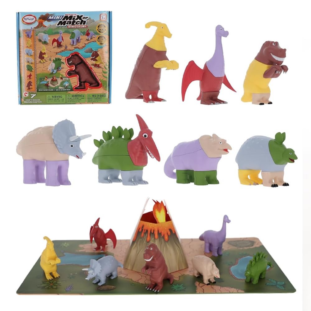 POPULAR PLAYTHINGS Magnetic Dinosaurs for Toddlers 1-3, Mix or Match Dinosaur Toys, Set of 7 Gift for Kids - Dinosaurs with Pop-up Playmat