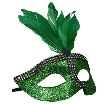 KRE Green Mardi Gras Party Mask with Plastic Gems and Feathers for Parties Masquerade Ball Sophistication Art Material Supplies Costume Mask for Social Gathering Pack of 1 with Bonus Item Regasfy