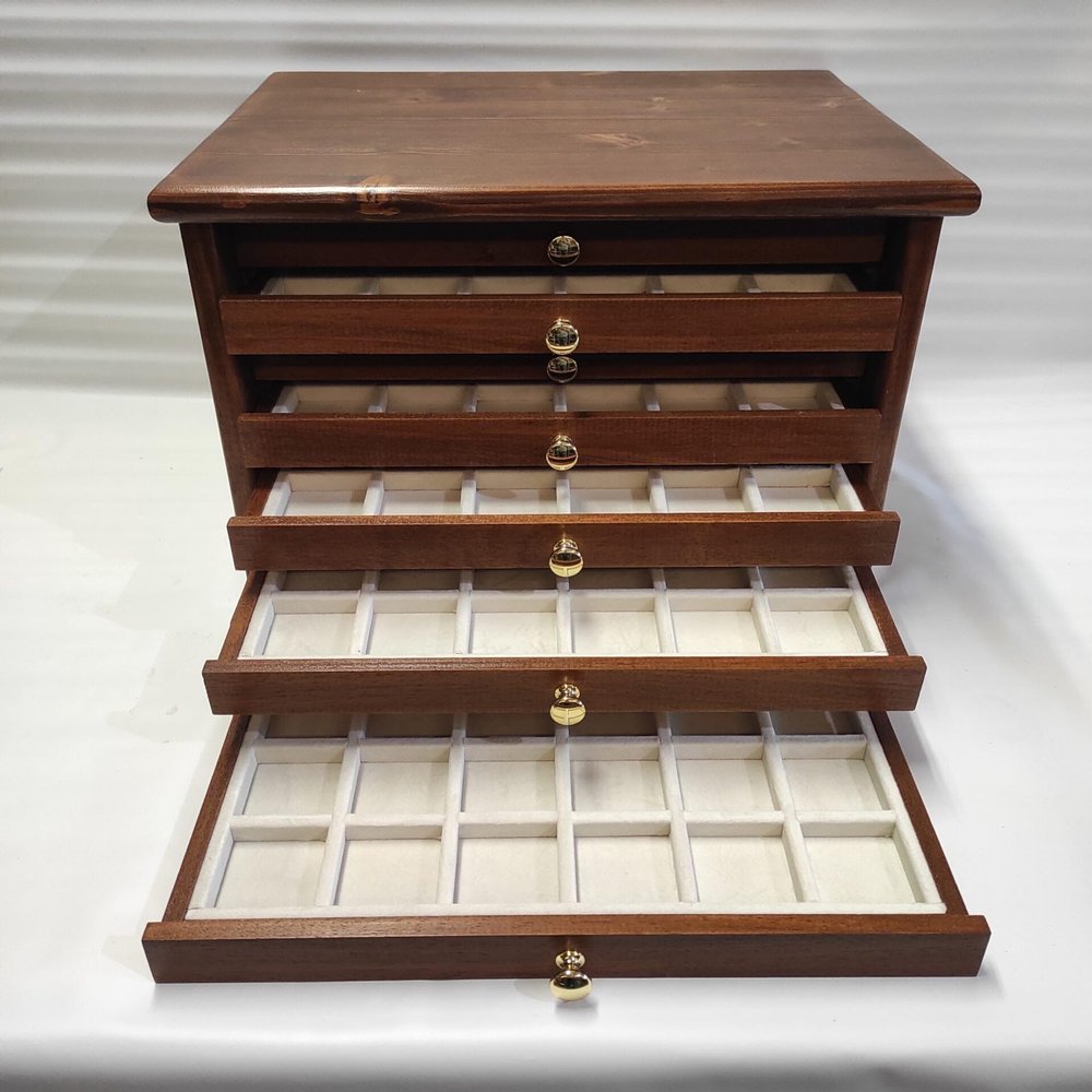 Coins&More Coins with 7 Drawers in Italian Velvet of Choice of Handmade Wood Colour Walnut