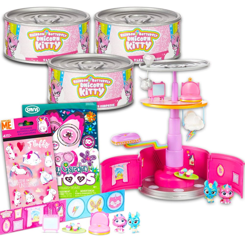 Rainbow Butterfly Unicorn Kitty 9 Lives Surprise Set - 3 Pk Bundle with Rainbow Butterfly Unicorn Kitty Mystery Can Playsets with Tattoos and Stickers | Party Favors for Girls