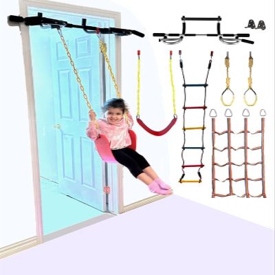 Athletic Bar Kids Doorway Gym Swing Set + Pull Up Bar 6 in 1 Indoor Gym Playground Combo for Children, Includes Swing Seat, Climbing Cargo Net, 2X Gymnastic Trapeze Rings, Rope Ladder, Full Accessory