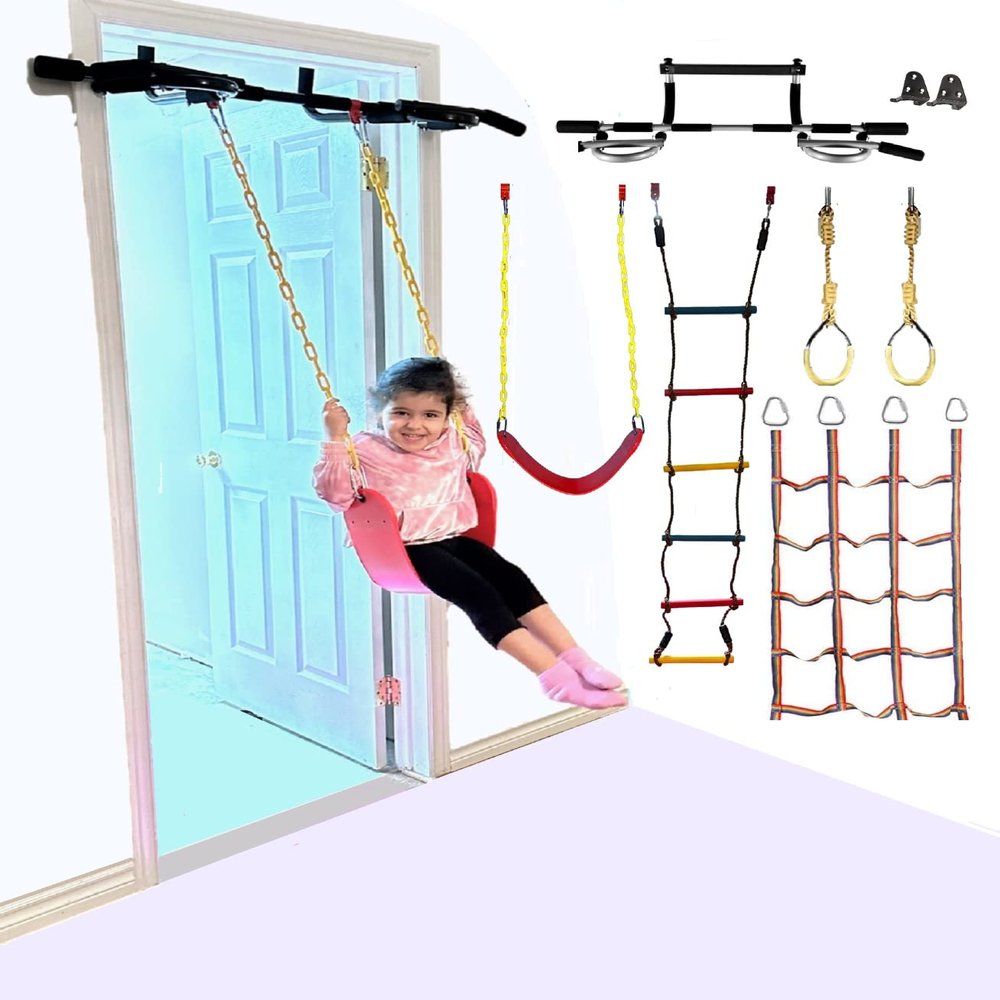 Athletic Bar Kids Doorway Gym Swing Set + Pull Up Bar 6 in 1 Indoor Gym Playground Combo for Children, Includes Swing Seat, Climbing Cargo Net, 2X Gymnastic Trapeze Rings, Rope Ladder, Full Accessory