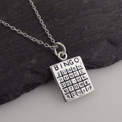 Bingo Card Charm Necklace - 925 Sterling Silver - Two-Sided Game Night Numbers