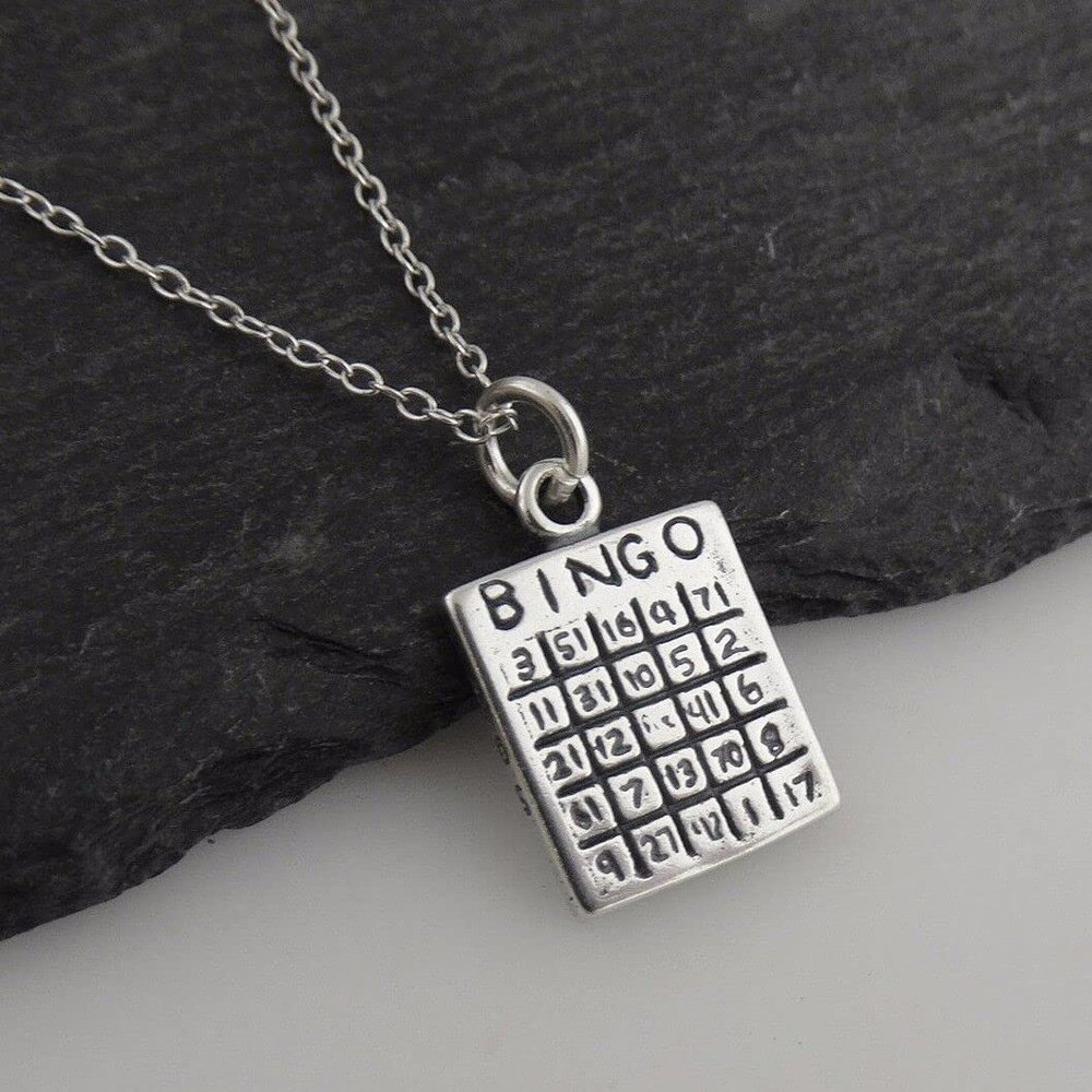 Bingo Card Charm Necklace - 925 Sterling Silver - Two-Sided Game Night Numbers