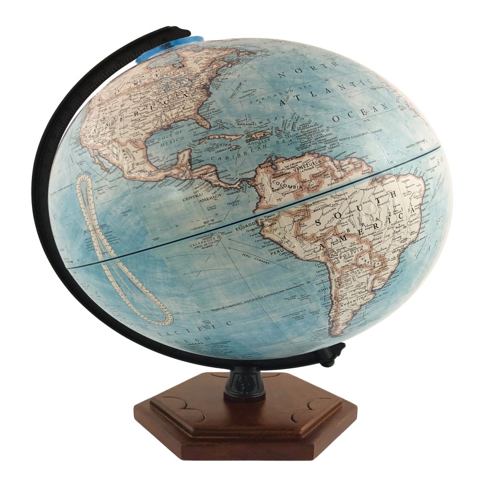 Palermo 9" Diameter Globe, USA Cartography with with Mountain Relief, Solid Hard Wood Base and Blue Ocean Globe Ball. Discover a new location in the world with the Palermo 9 diameter blue ocean world globe. This Designer globe features a three dimen