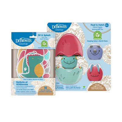 Dr. Brown's CleanUp Bath Time Essentials, Sit & Splash Non-Slip Bath Stickers with Dino Design, and Float & Hatch Dino Eggs Nesting Bath Toy, 6m+, BPA Free, Certified Plastic Neutral