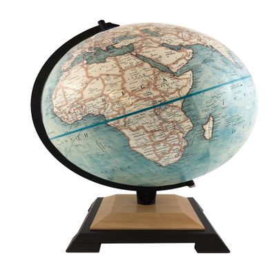 Northampton 12" Diameter Globe, USA Cartography with with Mountain Relief, Two Tiered Base with Natural Finish and Light Blue Designer Globe Ball. The Replogle Northampton 12" Blue Ocean Raised Relief World Globe features a classic and bold design. T