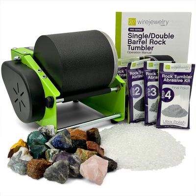 WireJewelry Pro-series Single Barrel Rock Tumbler Kit - Includes 1.5 Pounds Of Gemstones Of the World Stone Mix and 1 Batch Of 4 Step Abrasive Grit and Polish with Plastic Pellets