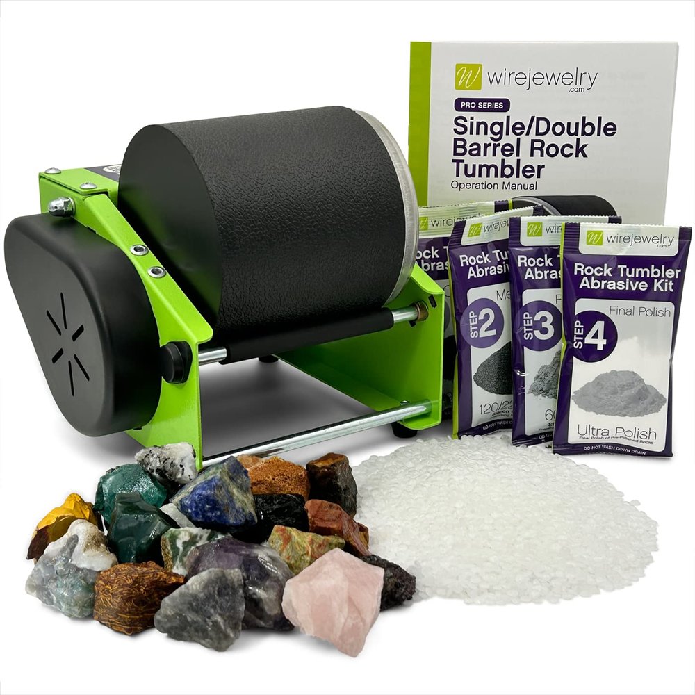 WireJewelry Pro-series Single Barrel Rock Tumbler Kit - Includes 1.5 Pounds Of Gemstones Of the World Stone Mix and 1 Batch Of 4 Step Abrasive Grit and Polish with Plastic Pellets