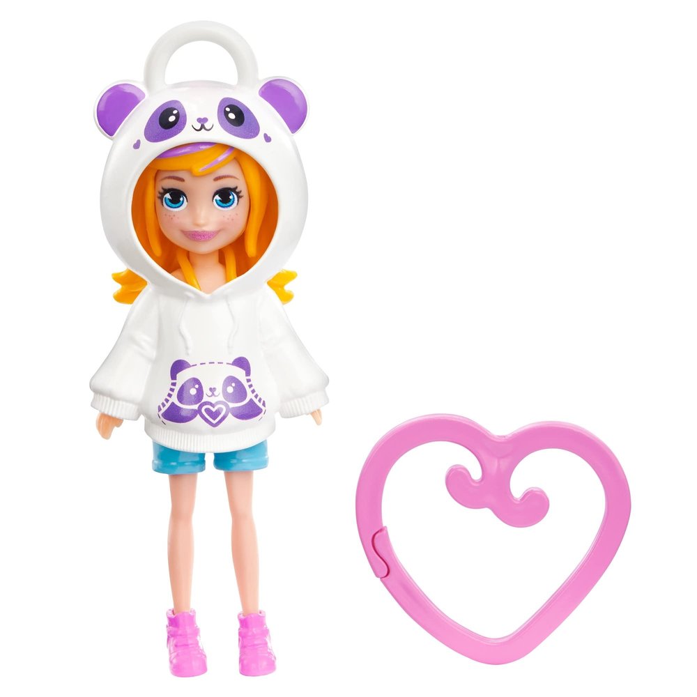 Polly Pocket Friend Clips Polly Doll with Panda Hoodie and Pink Heart Shaped Clip, Gift for Kids Ages 4+