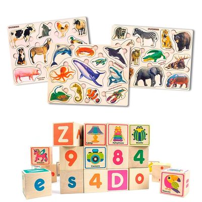 QUOKKA Wooden Blocks for Toddlers 1-3 - 26 ABC Learning Baby Blocks for Kids 3-5 Year Olds | Wooden Puzzles for Toddlers 1-3 3 Toddler Puzzles Ages 2-4