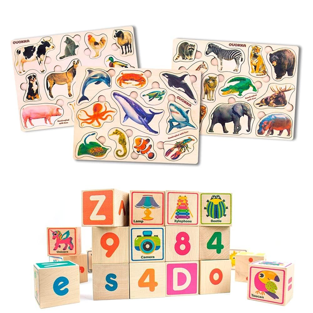 QUOKKA Wooden Blocks for Toddlers 1-3 - 26 ABC Learning Baby Blocks for Kids 3-5 Year Olds | Wooden Puzzles for Toddlers 1-3 3 Toddler Puzzles Ages 2-4