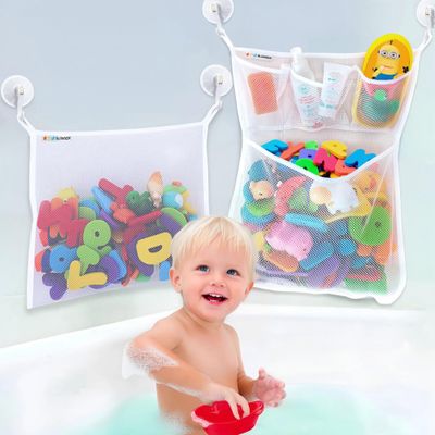 2 x Large Bath Toy Holder, Kids Bath Tub Toy Basket, Corner Mesh Bag, Baby Bathtub Storage Organizer, Bathroom Net Bucket, Toddler Shower Caddy Hanging Bin with 6 Suction Cups, 4 Adhesive Wall Hooks