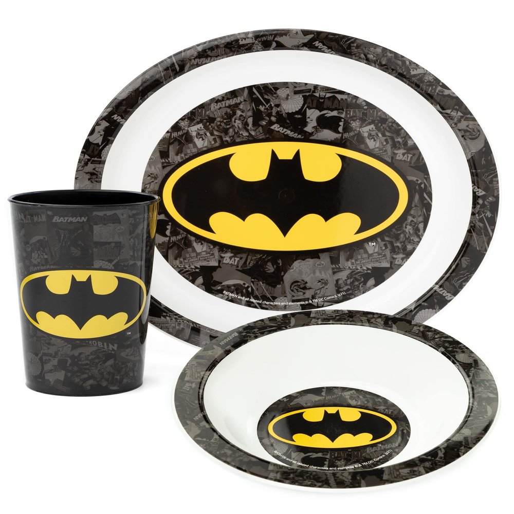DC Comics Batman Kids 3 Piece Dinnerware Set | Boys & Girls Yellow Superhero Tableware PP Dinner Plate, Bowl And Tumbler Cup