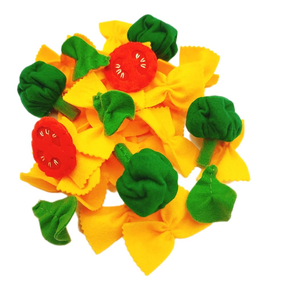 Pasta with broccoli, farfalle, bow tie pasta, felt play food for kids kitchen, pretend play for kids (yellow, set 2 (farfalle, broccoli, tomatoes, basil))