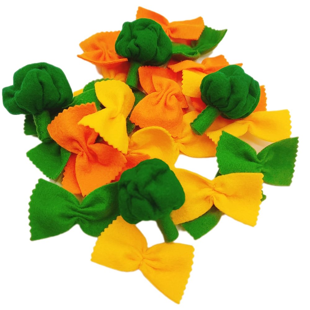 Pasta with broccoli, farfalle, bow tie pasta, felt play food for kids kitchen, pretend play for kids (tri-colors, set 4 (farfalle, broccoli))