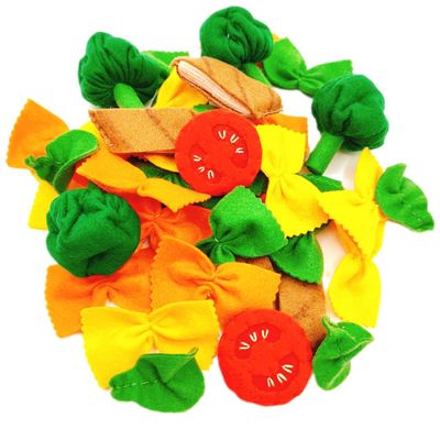 Pasta with broccoli, farfalle, bow tie pasta, felt play food for kids kitchen, pretend play for kids (tri-colors, set 1 (farfalle, broccoli, chicken, tomatoes, basil))