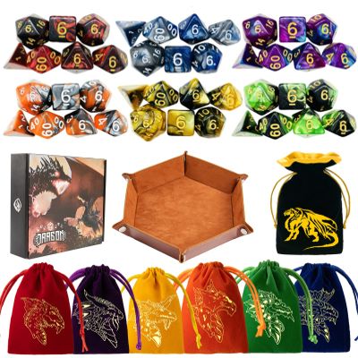 DND Dice Set 42 Pcs Polyhedral Dungeons and Dragons Rolling Dice for D&D RPG MTG Table Games Dice Bulk with Colorful Drawstring Bags and Dice Tray (Double-Color)