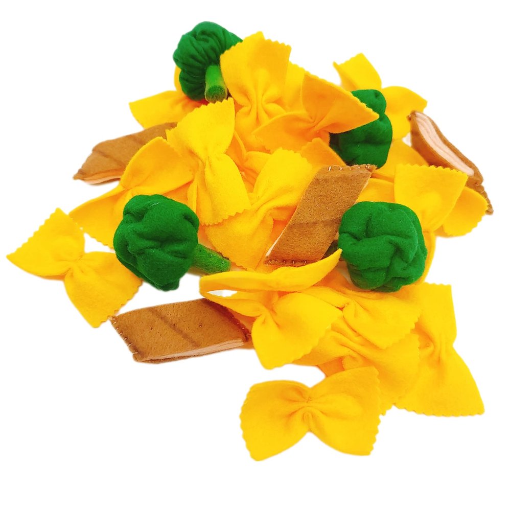 Pasta with broccoli, farfalle, bow tie pasta, felt play food for kids kitchen, pretend play for kids (yellow, set 3 (farfalle, broccoli, chicken))