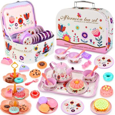 Lajeje Tea Party Set for Toddlers & Little Girls Ages 3-6  Princess Pretend Play Kitchen Toy with Tin Tea Set, Desserts & Carrying Case