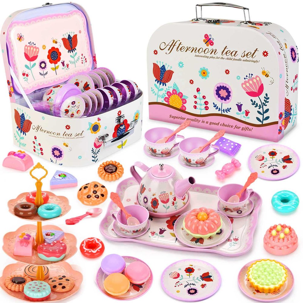 Lajeje Tea Party Set for Toddlers & Little Girls Ages 3-6 Princess Pretend Play Kitchen Toy with Tin Tea Set, Desserts & Carrying Case