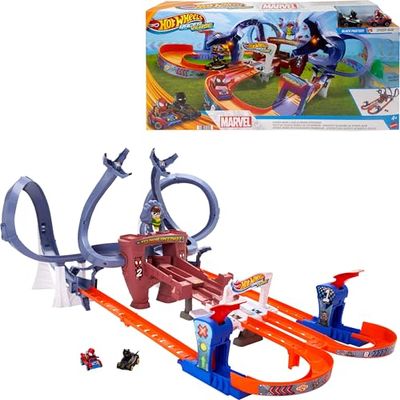 Hot Wheels Toy Car Track Set, RacerVerse Spider-Mans Web-Slinging Speedway, Competitive Race with 2 Die-Cast Vehicles: Spider-Man & Black Panther