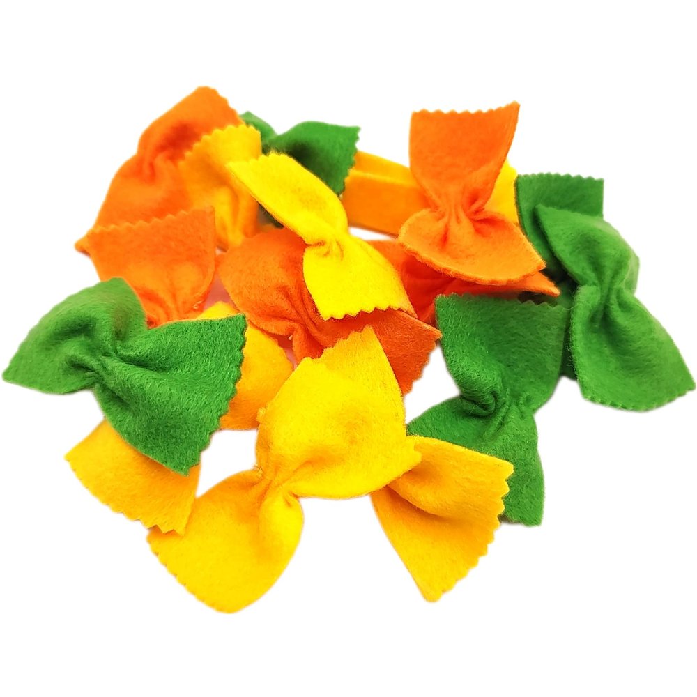 MiniWorldFood Pasta Felt Play Food, farfalle Soft, Bow tie, Pretend Play Kids Cafe, Toys for Kids Kitchen, Fake realictic Food (tri-Color, 16 farfalle in a Zip Bag)