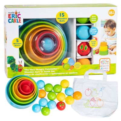 Kids Preferred World of Eric Carle The Very Hungry Caterpillar Wooden Sort and Stack Bowls and Balls Set Wooden Educational Toy with 5 Bowls and 15 Balls
