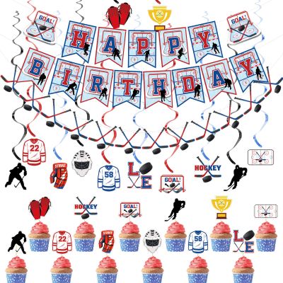 27 Pcs Hockey Birthday Party Supplies Ice Ball Party Favors Hockey Banner Cupcake Toppers Hanging Swirls Ice Ball Decorations for Fans Birthday Decorations