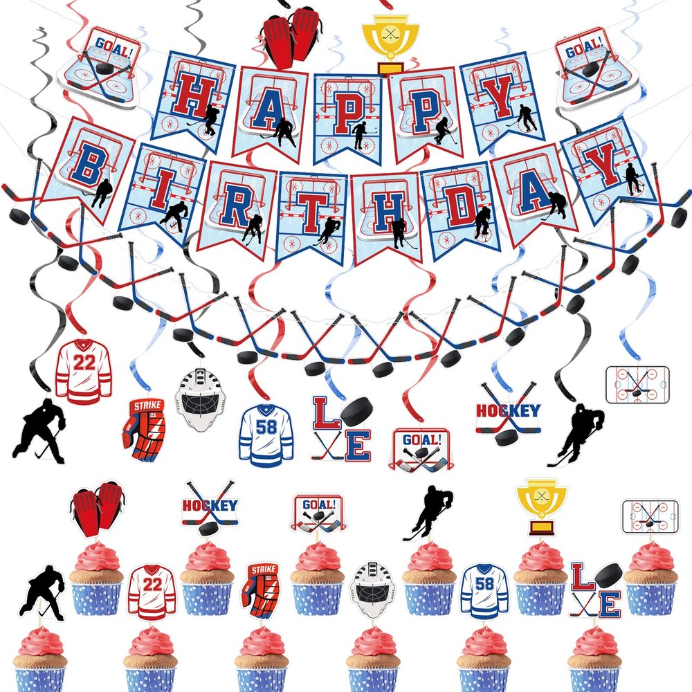 27 Pcs Hockey Birthday Party Supplies Ice Ball Party Favors Hockey Banner Cupcake Toppers Hanging Swirls Ice Ball Decorations for Fans Birthday Decorations