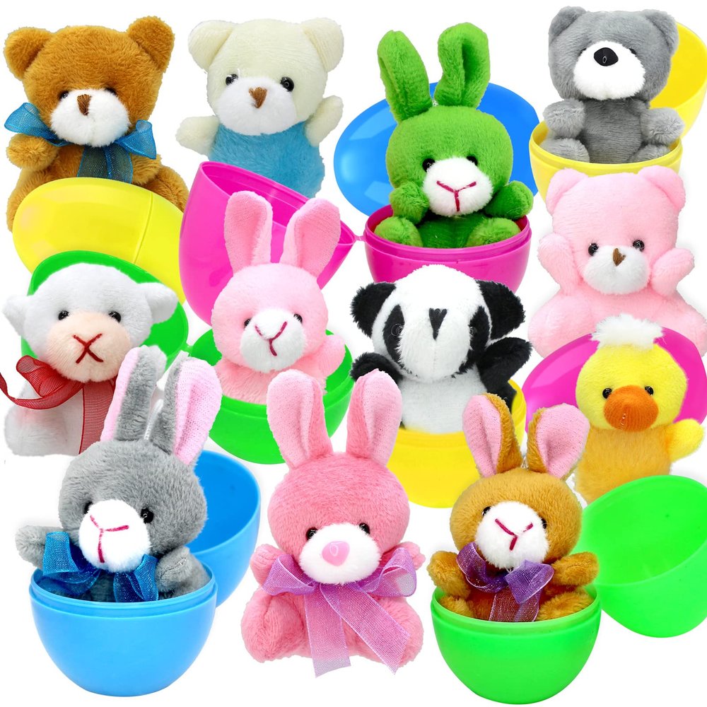 ZMCINER 12 Prefilled Easter Eggs with Plush Toys Filled Easter Eggs with Toys Inside for Kids Easter Basket Stuffers, Easter Party Favor