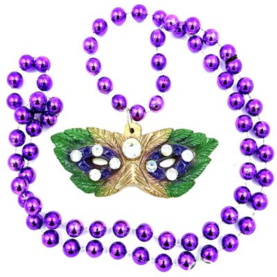 Masquerade Mask Mardi Gras Bead Necklace Purple Green Gold and Jewels New Orleans