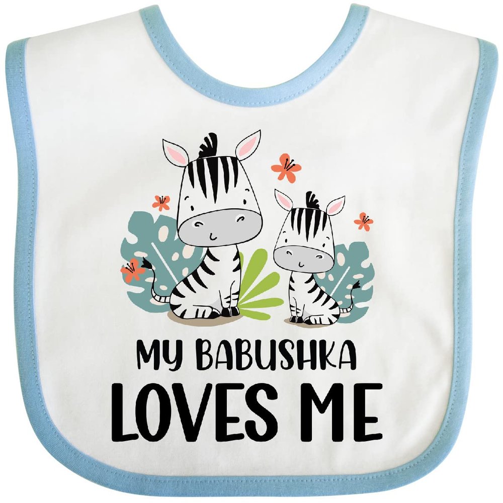 inktastic Zebra My Babushka Loves Me Baby Bib White and Blue 41b66