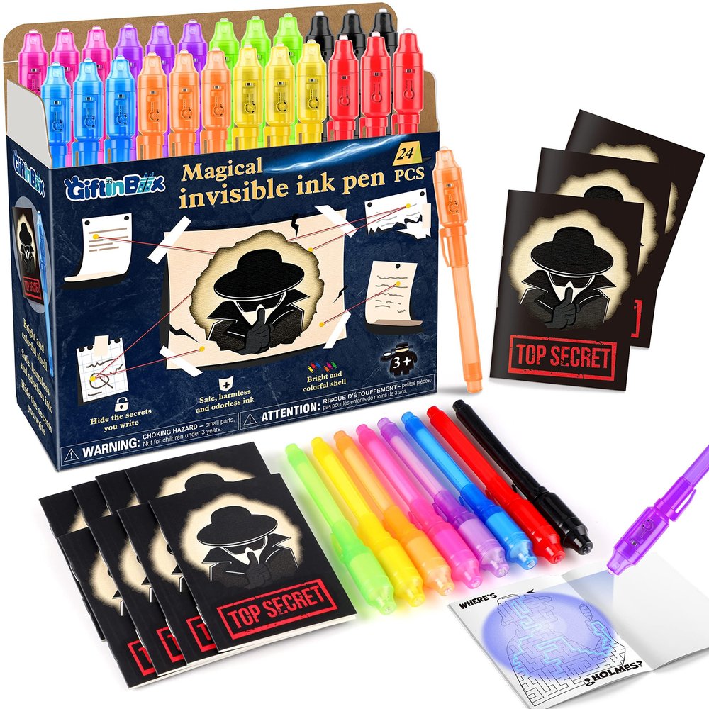 GIFTINBOX Invisible Ink Pens with UV light for Kids, Spy Pen Party Favors for Kids 8-12, 24Pack Invisible Ink Pen and Notebook, Magic Marker for Secret Message Birthday Party Favors for Kid 4-8