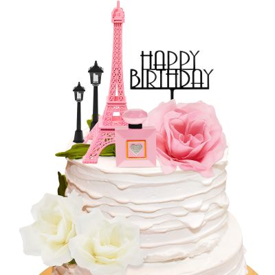 8 Pcs Paris Cake Topper Eiffel Tower Cake Topper with Happy Birthday Street Lamp Rose 7 Inch Eiffel Tower Party Decoration for Birthday Celebration Gift(Sweet Color)