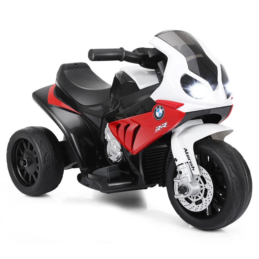 OLAKIDS Kids Ride on Motorcycle, 6V Licensed BMW Electric Motor with Music, Foot Pedal, Headlight, Leather Seat Cushion, 4 Wheels Battery Powered Tricycle for Boys Girls (Garnet)