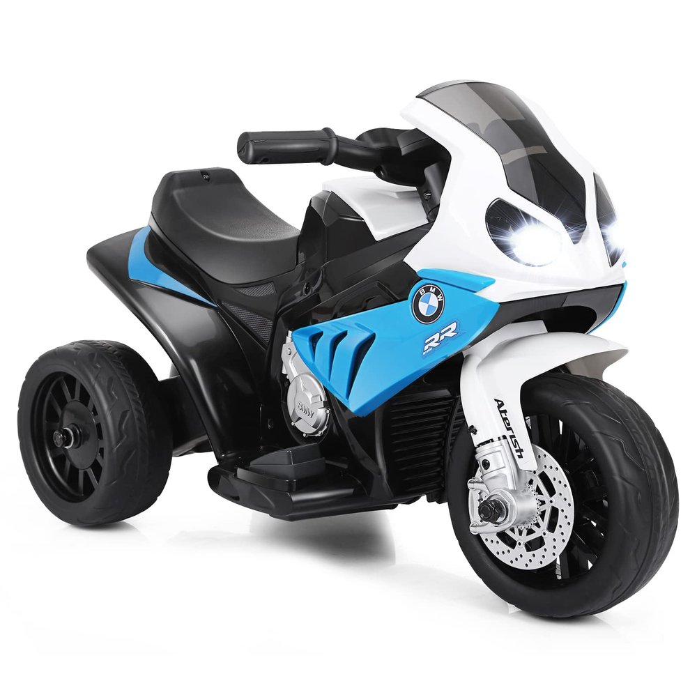 OLAKIDS Kids Ride on Motorcycle, 6V Licensed BMW Electric Motor with Music, Foot Pedal, Headlight, Leather Seat Cushion, 3 Wheels Battery Powered Tricycle Toy for Boys Girls (Sapphire)