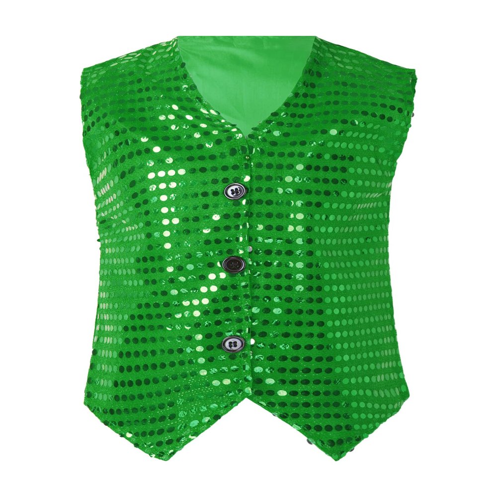 JEATHA Boys Girls Sequins Vest Dance Tops Sleeveless Waistcoat Stage Performance Costume Outerwear Jacket Dark Green 15-16 Years