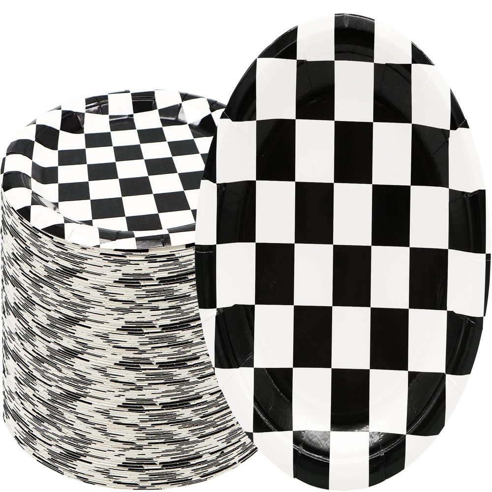 40 Pcs Race Car Birthday Party Supplies Black and White Checkered Party Supplies 7"Checkered Paper Plate,Black White Plate for Kids Car Sports Themed Racing Birthday Party Decorations (Black White)