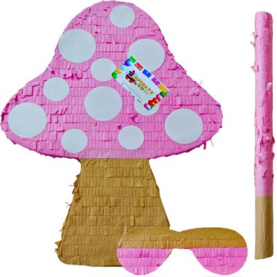 APINATA4U Tall Mushroom Pinata Kit (17.5x13.4x3.5 Inch) - Bubble Gum Pink & White Delight for Mushroom Themed Birthday Party - Stick And Mask Included - Perfect Decoration & Photo Prop Fun!