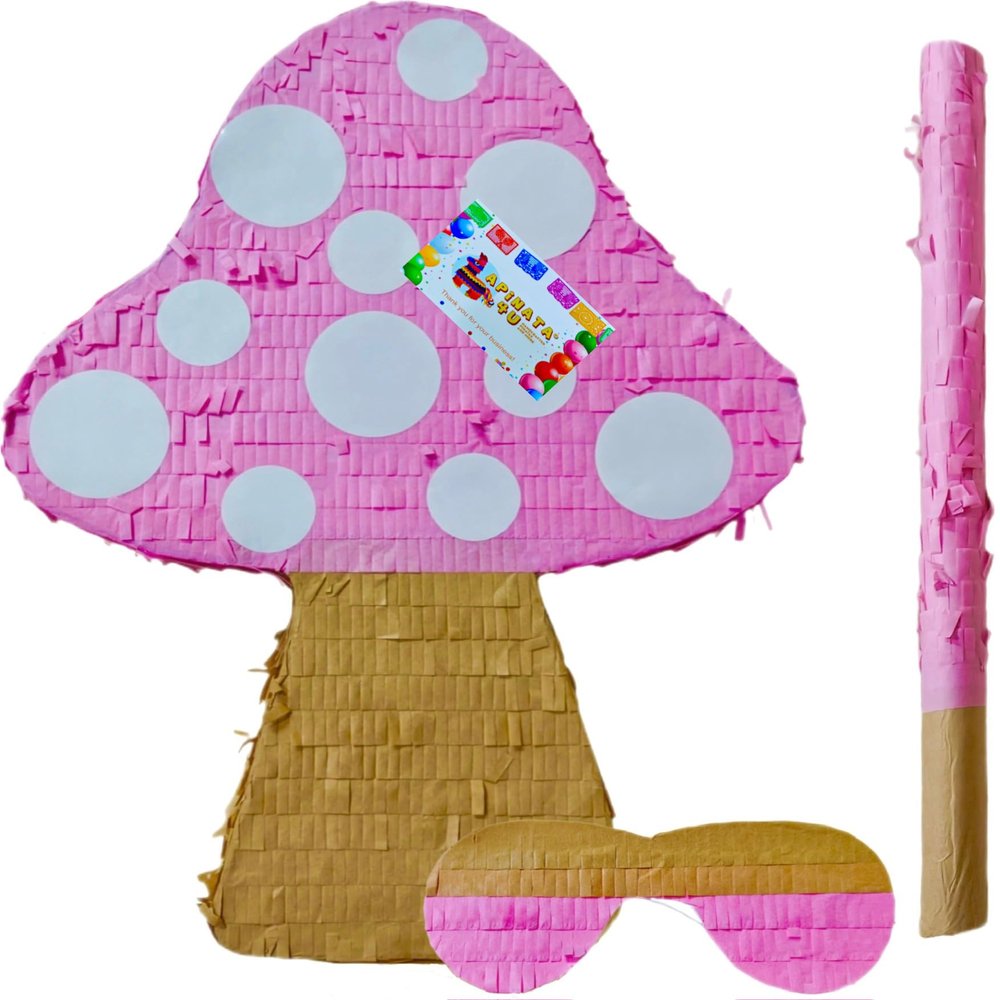 APINATA4U Tall Mushroom Pinata Kit (17.5x13.4x3.5 Inch) - Bubble Gum Pink & White Delight for Mushroom Themed Birthday Party - Stick And Mask Included - Perfect Decoration & Photo Prop Fun!