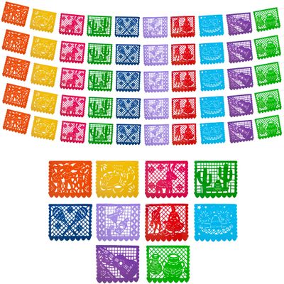 Mexican Party Banners (5 Pack with 10 Plastic Flags per Banner) - Papel Picado Mexicano Para Fiesta - Plastic Papel Picado - Fiesta Themed Party Decorations - Mexican Decor Cinco de Mayo