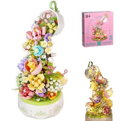 FULHOLPE Street View Flower Music Box Bricks Model Set, 575Pcs DIY Building Block Assembly Mini Particle Construction Building Kit - Compatible with Major Brands