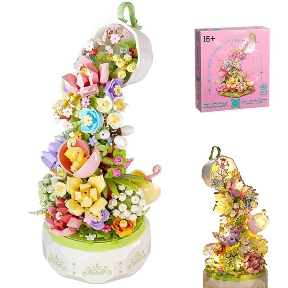 FULHOLPE Street View Flower Music Box Bricks Model Set, 575Pcs DIY Building Block Assembly Mini Particle Construction Building Kit - Compatible with Major Brands