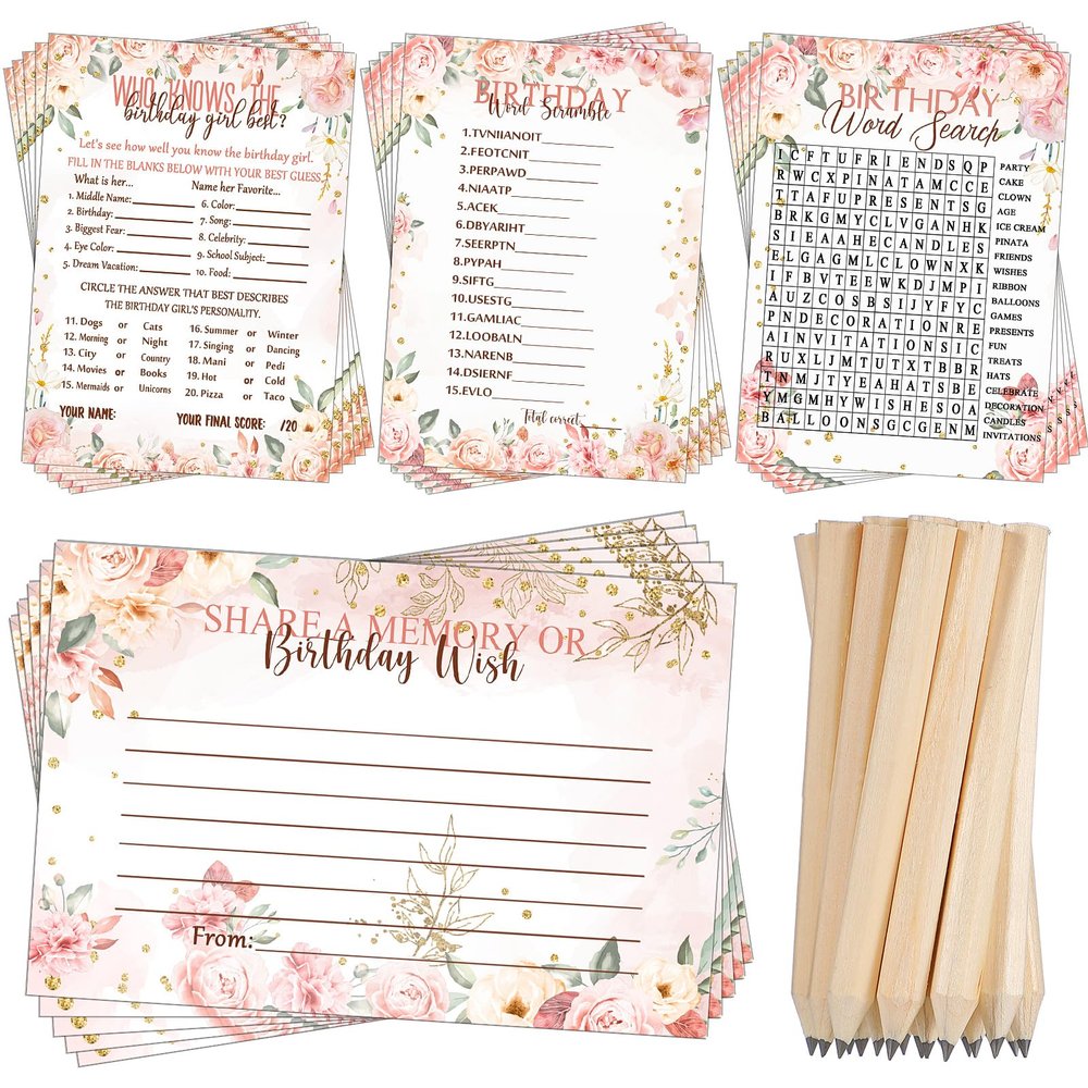 Fumete 100 Pcs Who Knows The Birthday Girl Best Cards with 20 Pre Pointed Pencils Set for 20 Guests, Girls Birthday Night Game Ideas, Girls Her Sleepover Party Supplies, 4 Activities(Rose)